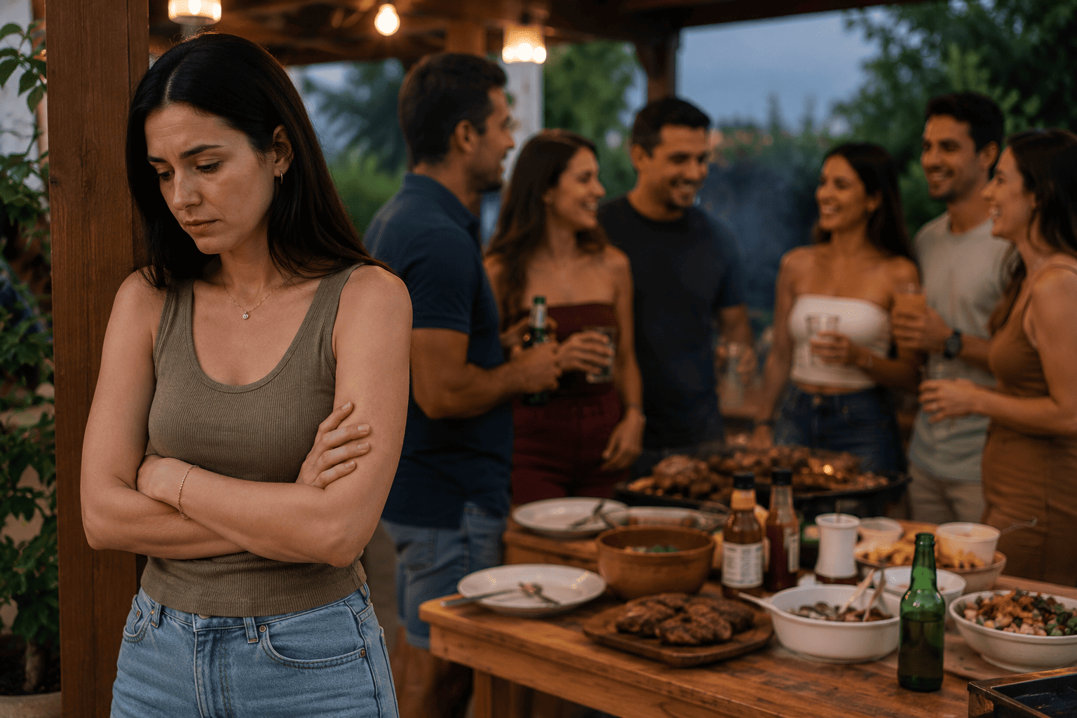 Mulher afastada de um churrasco com amigos