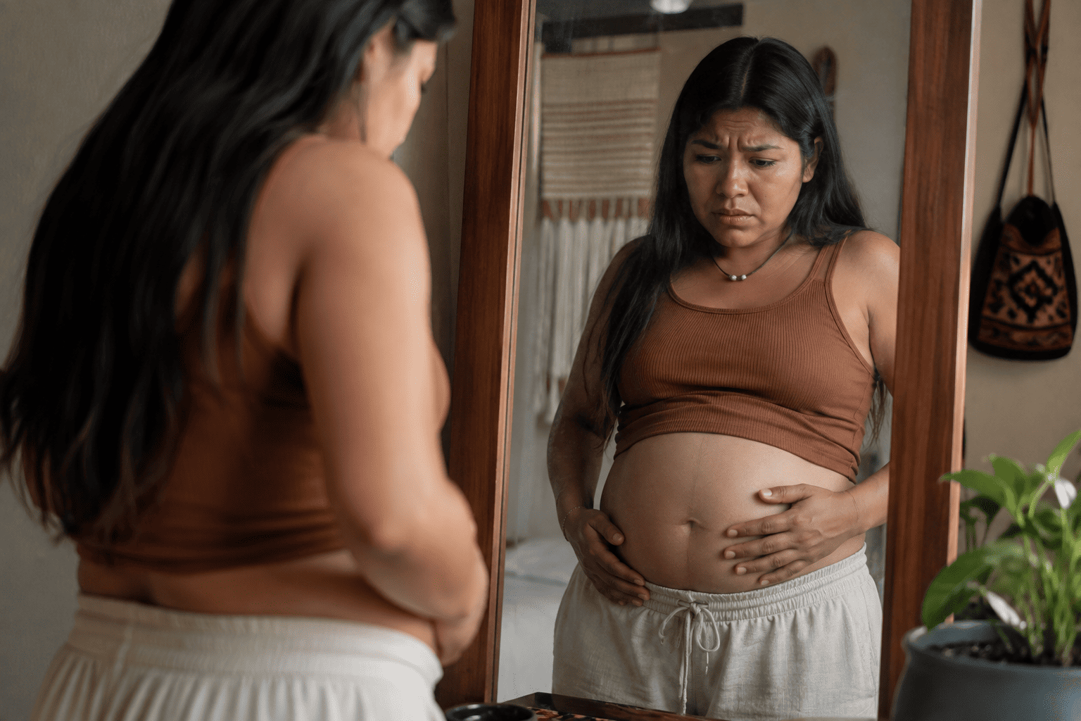 Mulher olhando a barriga inchada no espelho