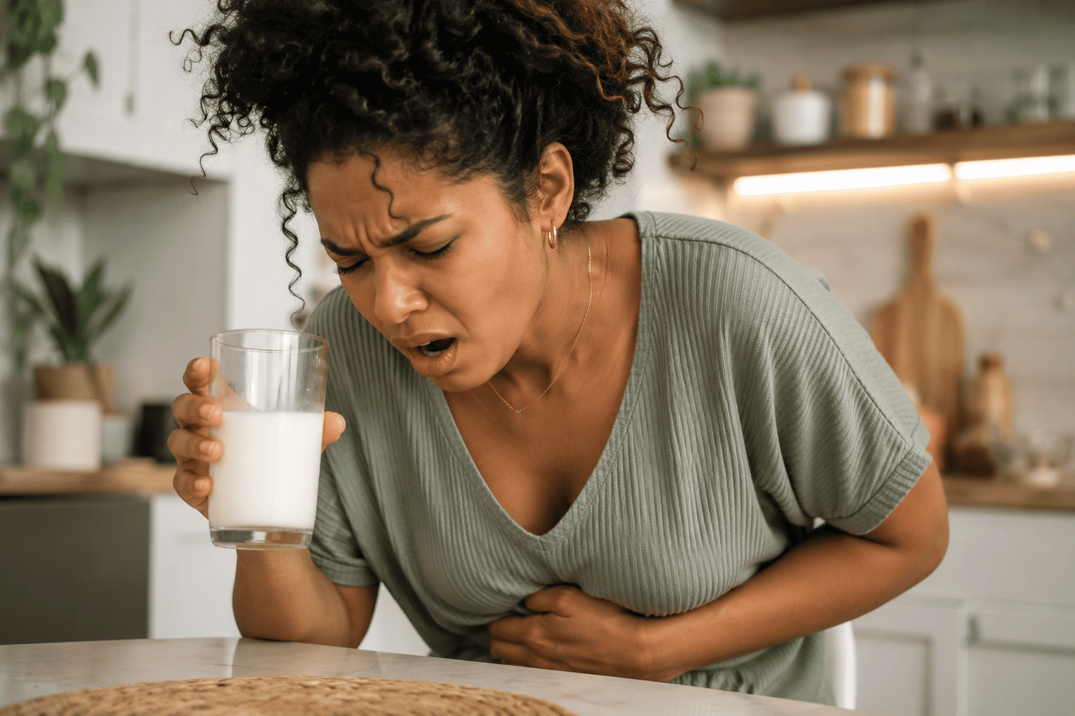 Mulher com dor abdominal após beber leite