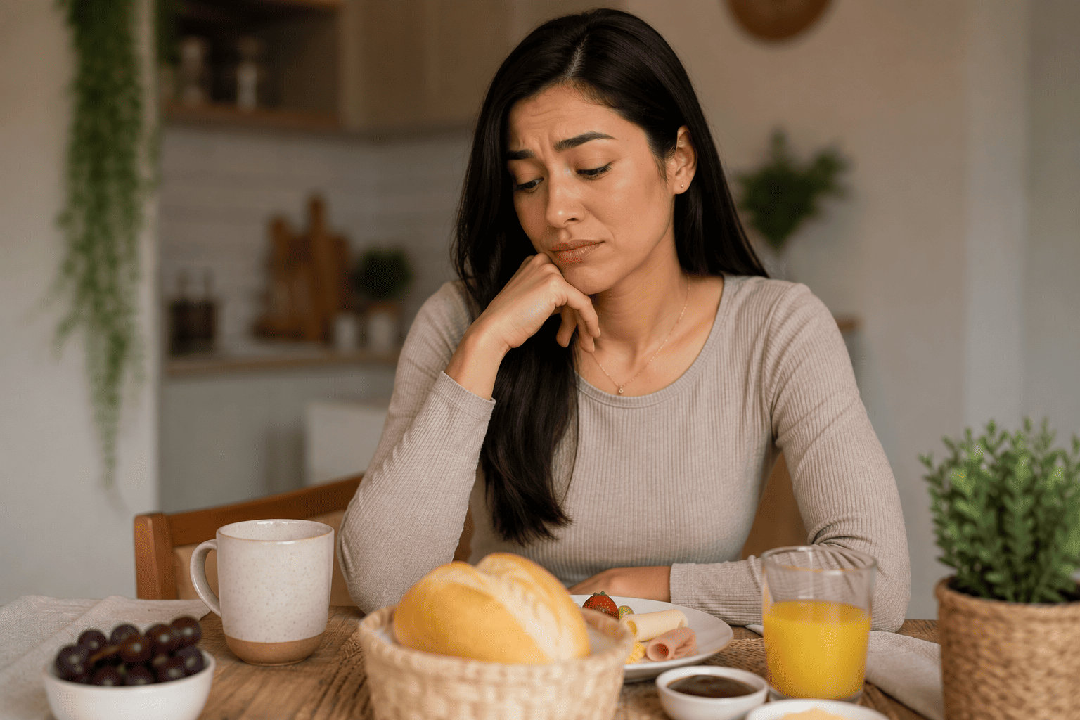 Mulher olhando o pão sem poder comer