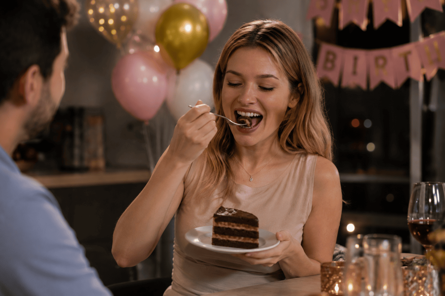 Mulher comendo bolo em uma festa, sem medo