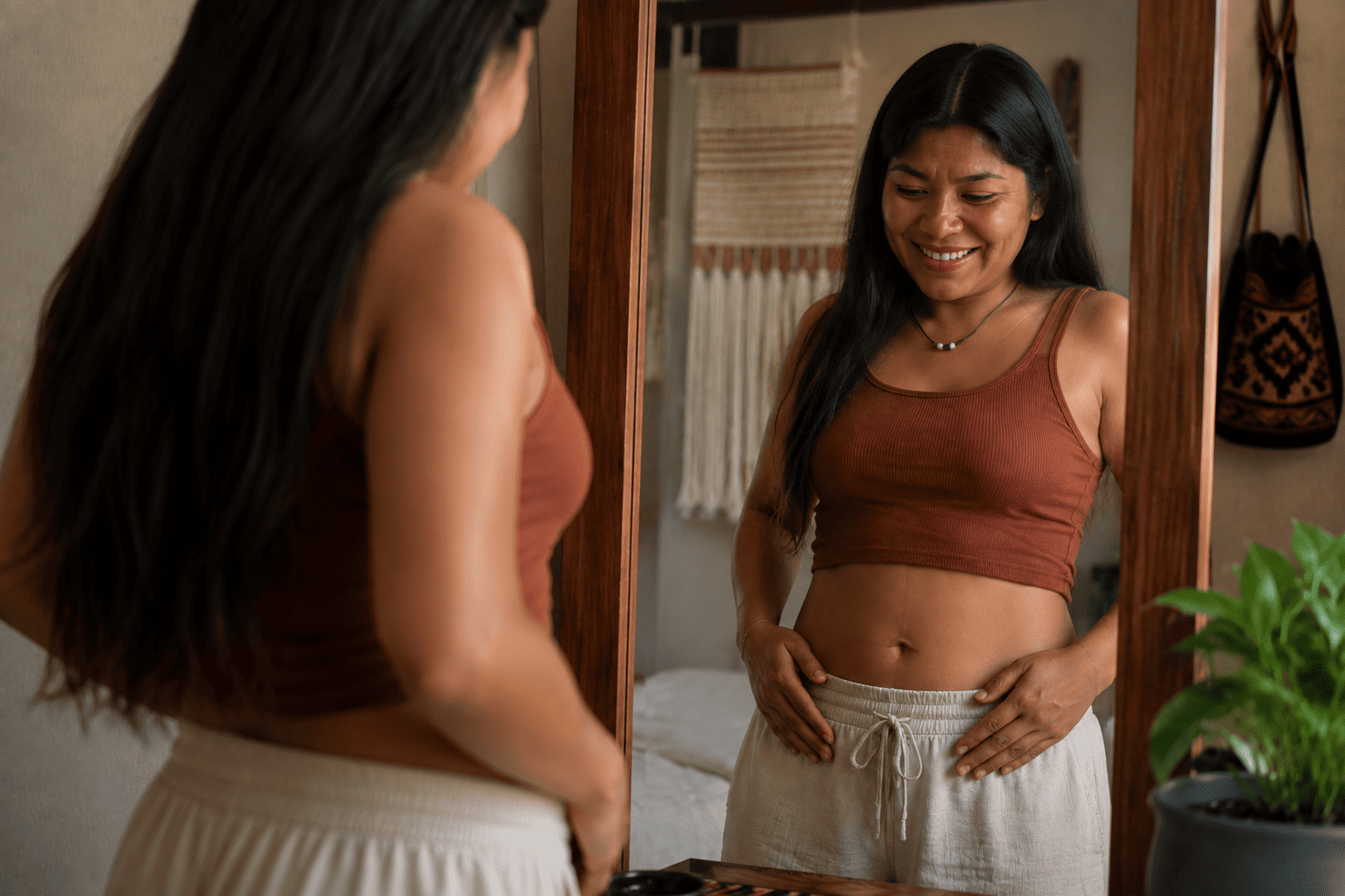 Mulher sorrindo diante do espelho, sem inchaço