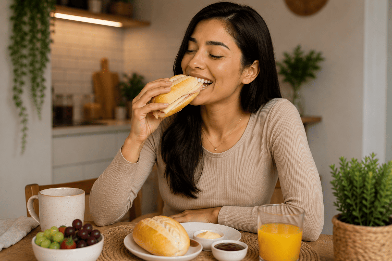 Mulher comendo pão no café da manhã, tranquila