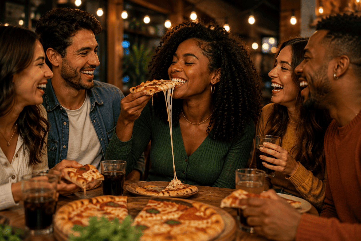 Mulher comendo pizza com amigos, sem medo